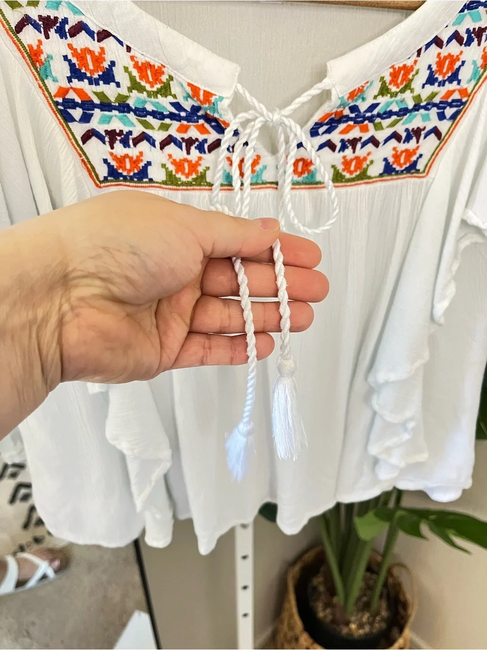 White Boho Embroidered Ruffle Blouse - Picture 4 of 6